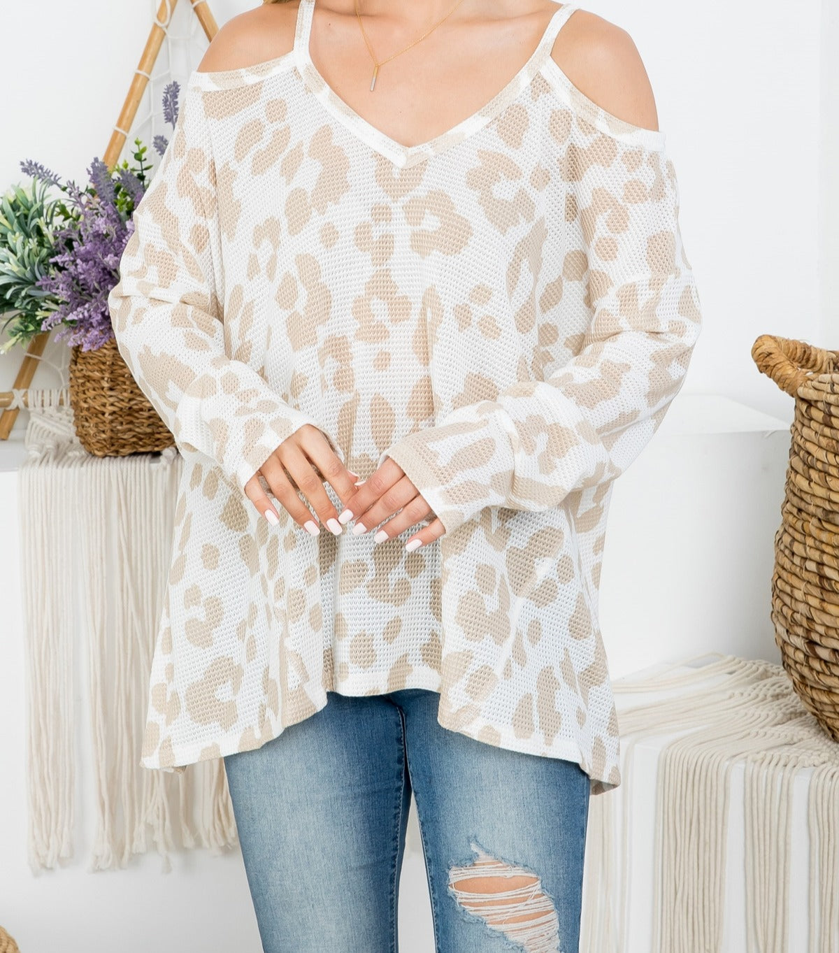 Waffled Cold Shoulder Top