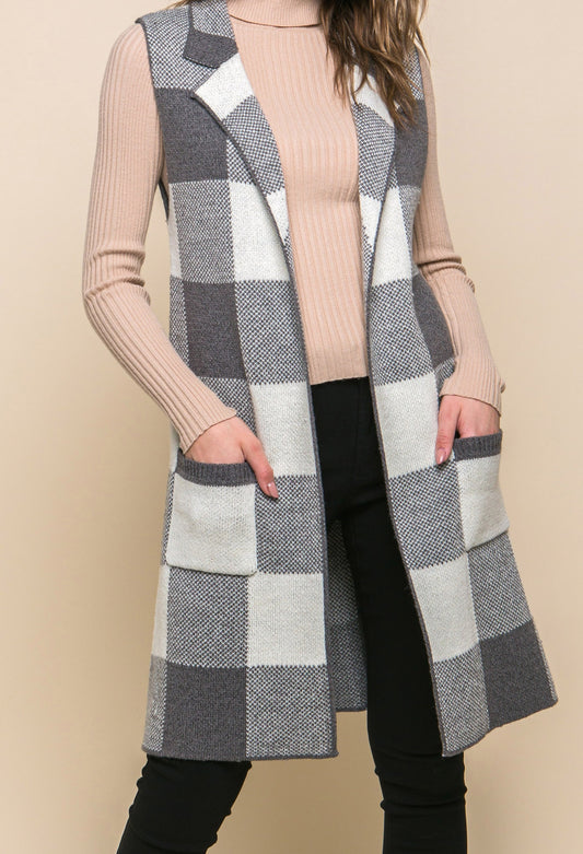 Plaid Sweater Cardigan Vest